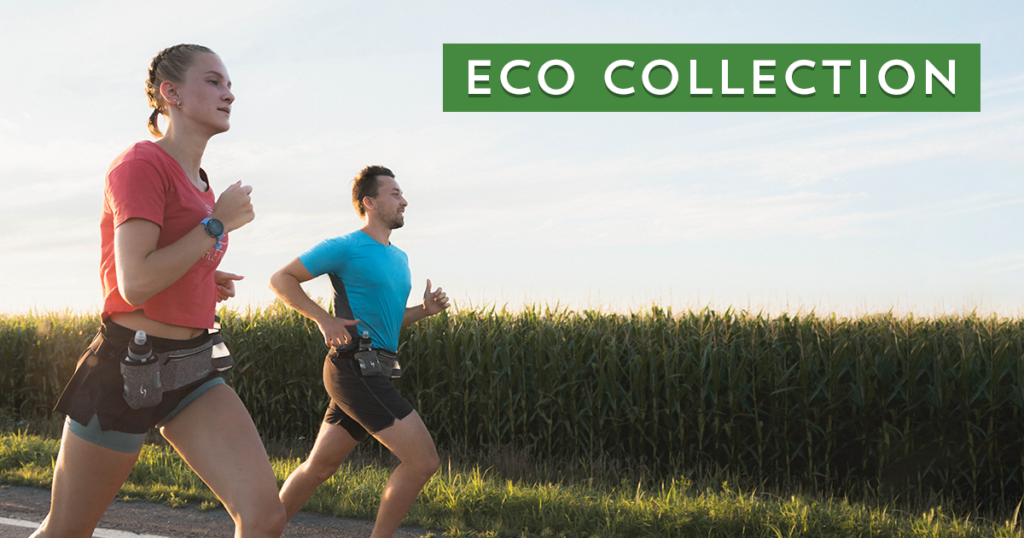 Two runners equipped with gear made of rPETwith the text ECO COLLECTION
