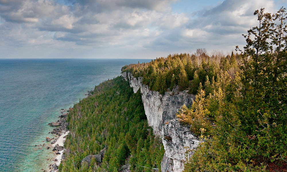 Lion's Head Trail: Cliff over looking the Isthmus Bay, with trees at the top and the bottom of the cliff
